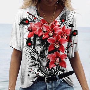 T-shirt femme tête de mort col V manches courtes - vue 22