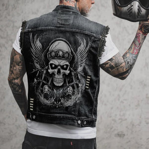 Gilet en jean homme imprimé tête de mort, vue de face - vue 4