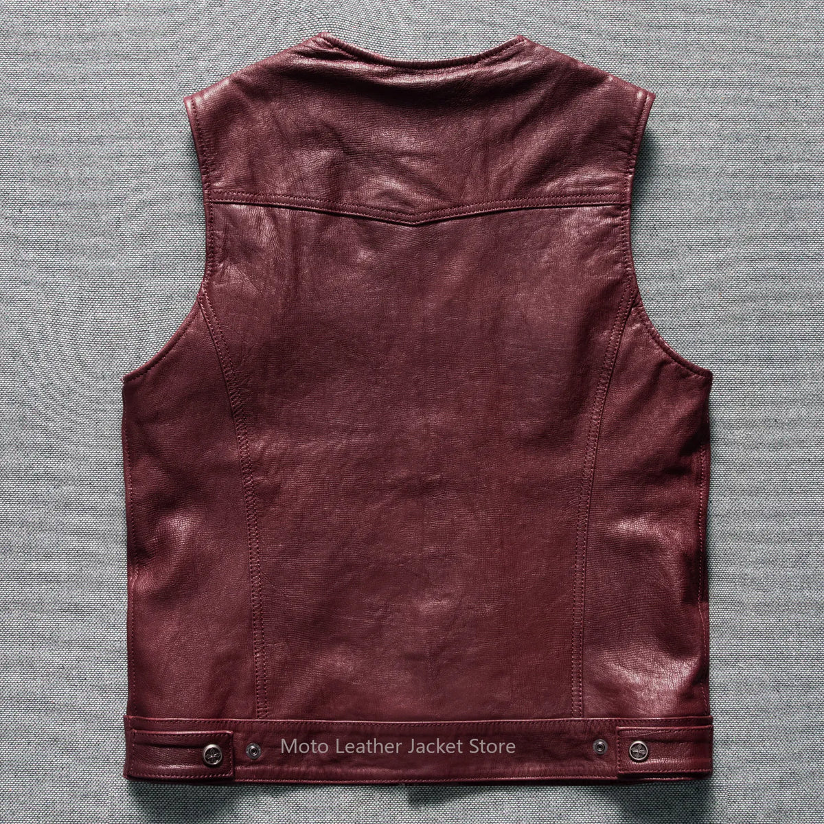 Gilet motard en cuir rouge bordeaux - vue produit - vue 2