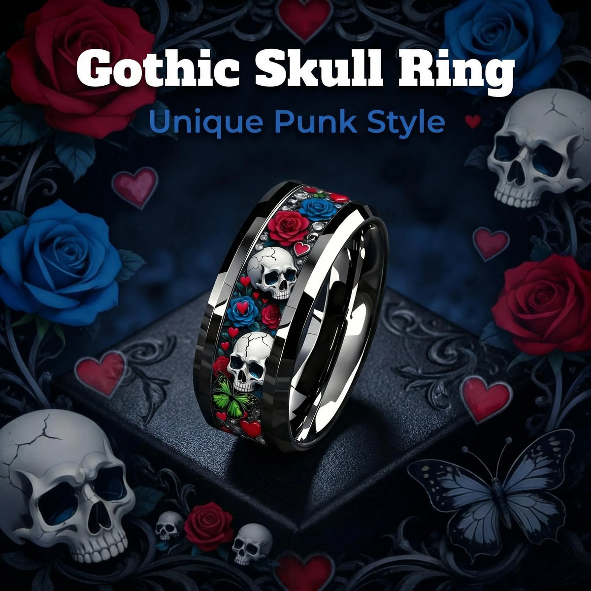 Bague en acier inoxydable tête de mort et rose - vue 2