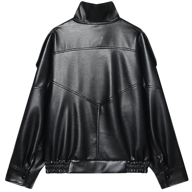 Blouson bomber noir en simili cuir pour femme - vue de face - vue 2