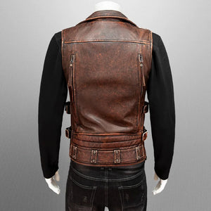 Gilet biker en cuir vintage brun-rouge - vue - vue 4