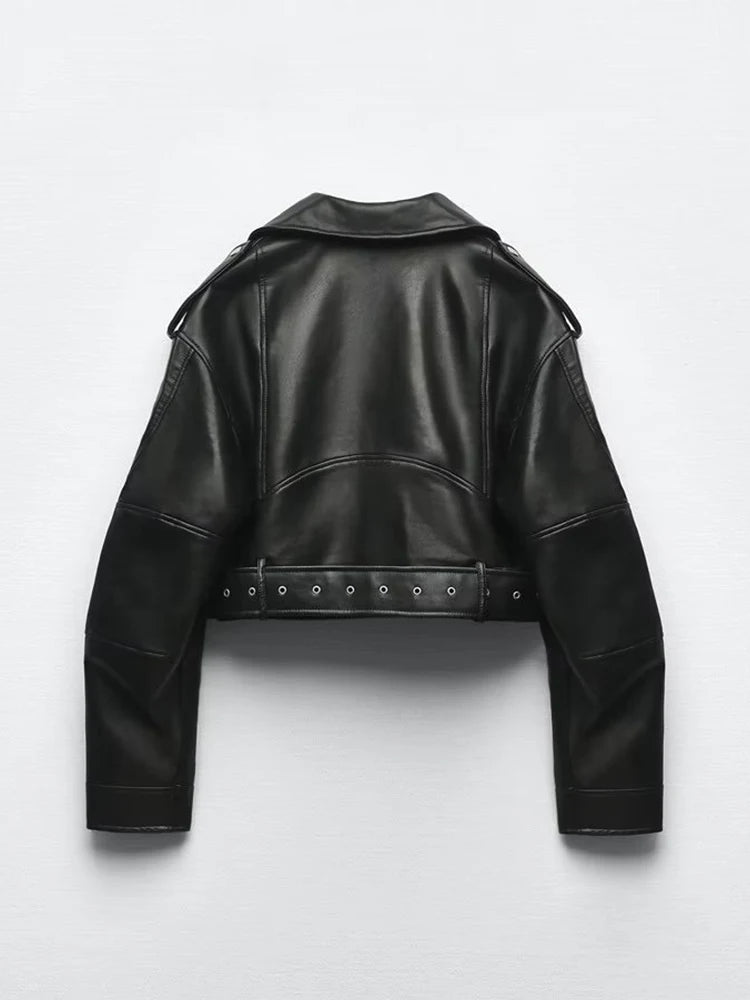 Veste courte en simili cuir avec ceinture - femme - vue 2