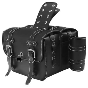 Paire de sacoches latérales en cuir noir avec porte-gobelet, fixées sur une moto - vue 7
