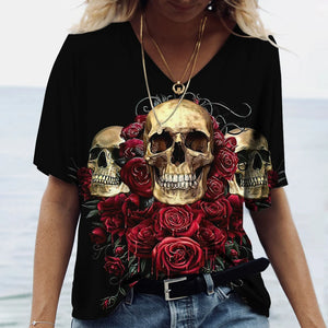 T-shirt femme tête de mort col V manches courtes - vue 23