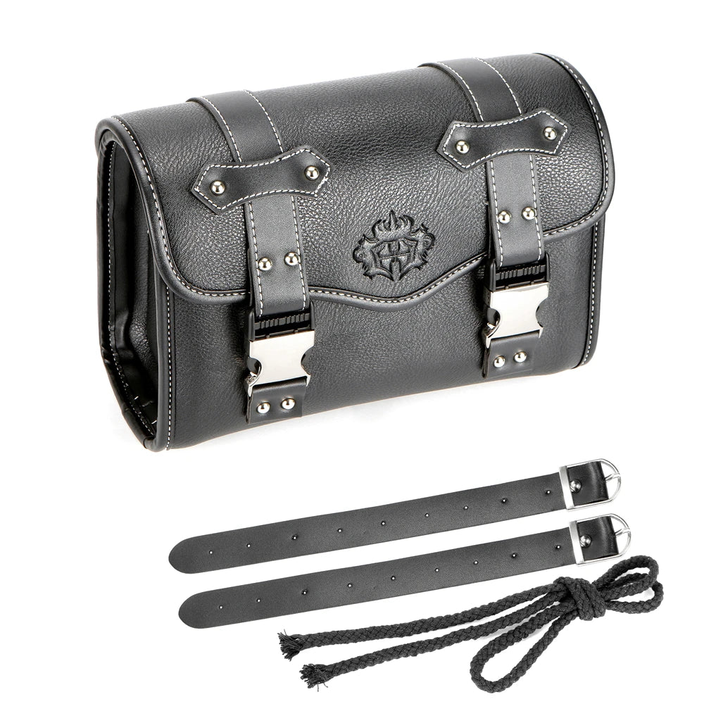 Sacoche en cuir noir fixée sur la fourche avant d'une moto - vue 2