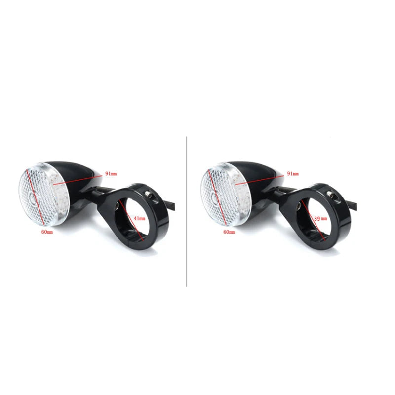 Clignotant LED ambre fixé par collier sur un tube de fourche de moto - vue 2