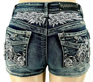 Mini short en jean délavé brodé motif aile - vue 6