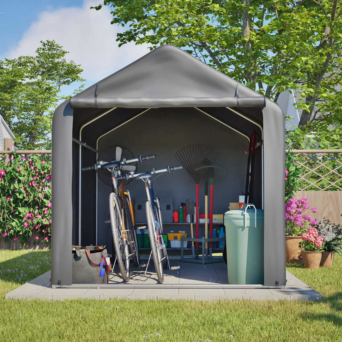 Abri de stockage gris avec porte enroulable et structure en acier galvanisé - vue 2