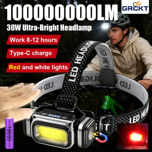 Lampe frontale LED COB 30W rechargeable, détecteur de mouvement, batterie 18650 – photo 1/10