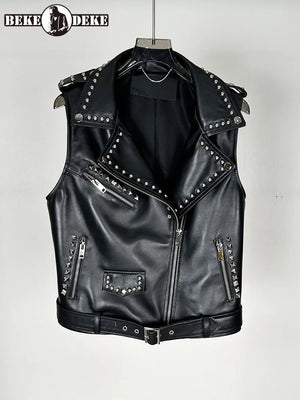 Gilet en cuir noir clouté style motarde - vue 1