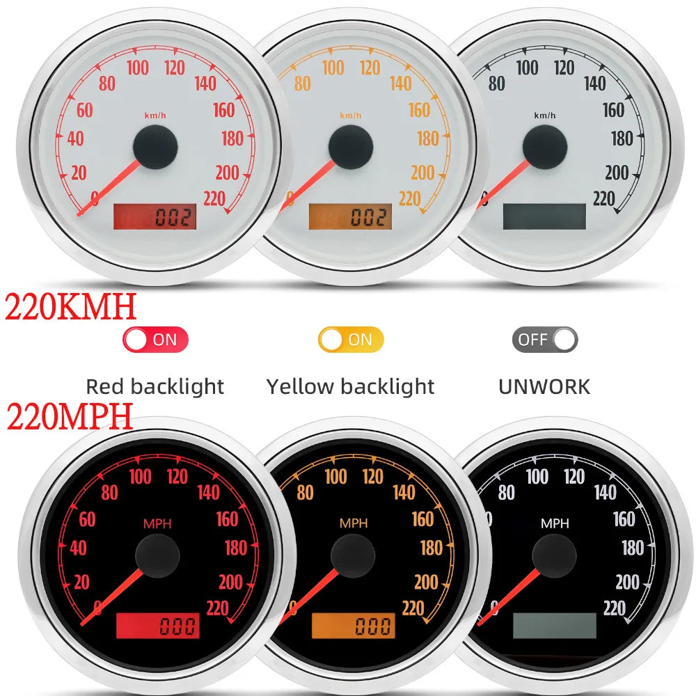 Compteur GPS custom 85mm 220 km/h-mph avec éclairage LED rouge/jaune pour Harley-Davidson