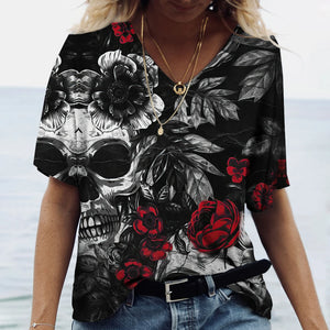 T-shirt femme tête de mort col V manches courtes - vue 24