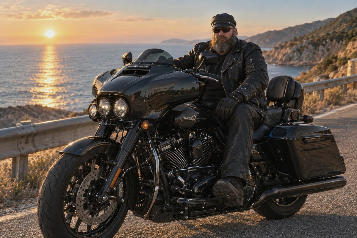 Motard sur une Harley-Davidson Touring au bord de la mer au coucher du soleil