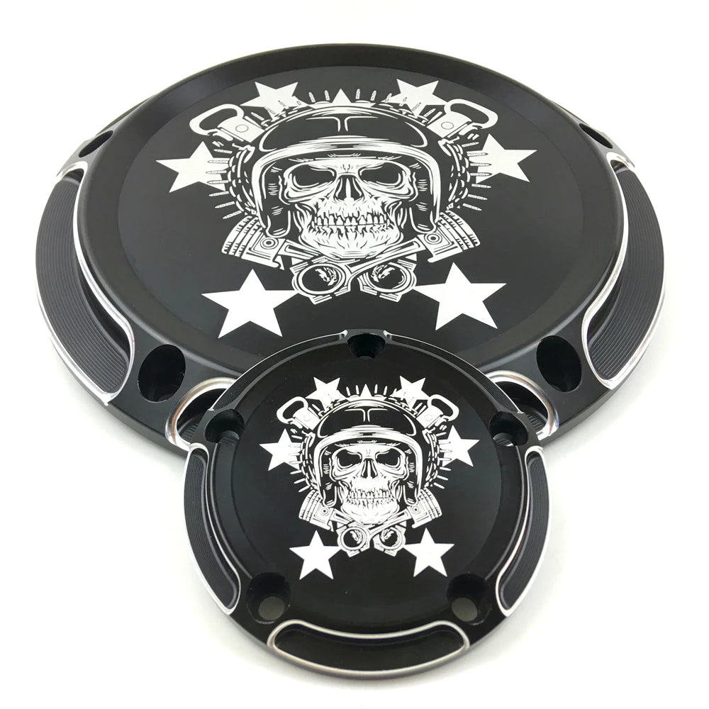 Cache derby et cache de distribution crâne casqué pour Harley Touring, Dyna, Softail - vue 1