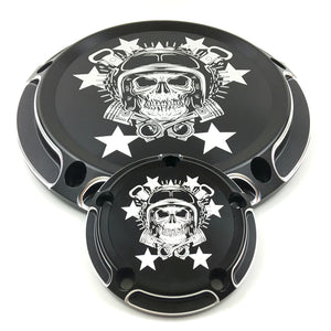 Cache derby et cache de distribution crâne casqué pour Harley Touring, Dyna, Softail - vue 1