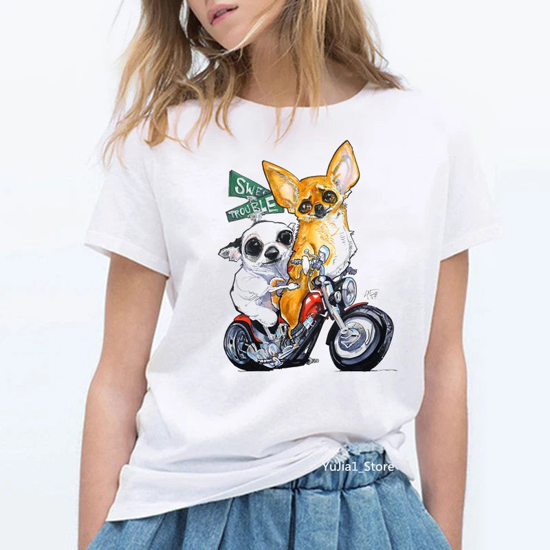 T-shirt femme imprimé chihuahua à moto vintage - vue 1