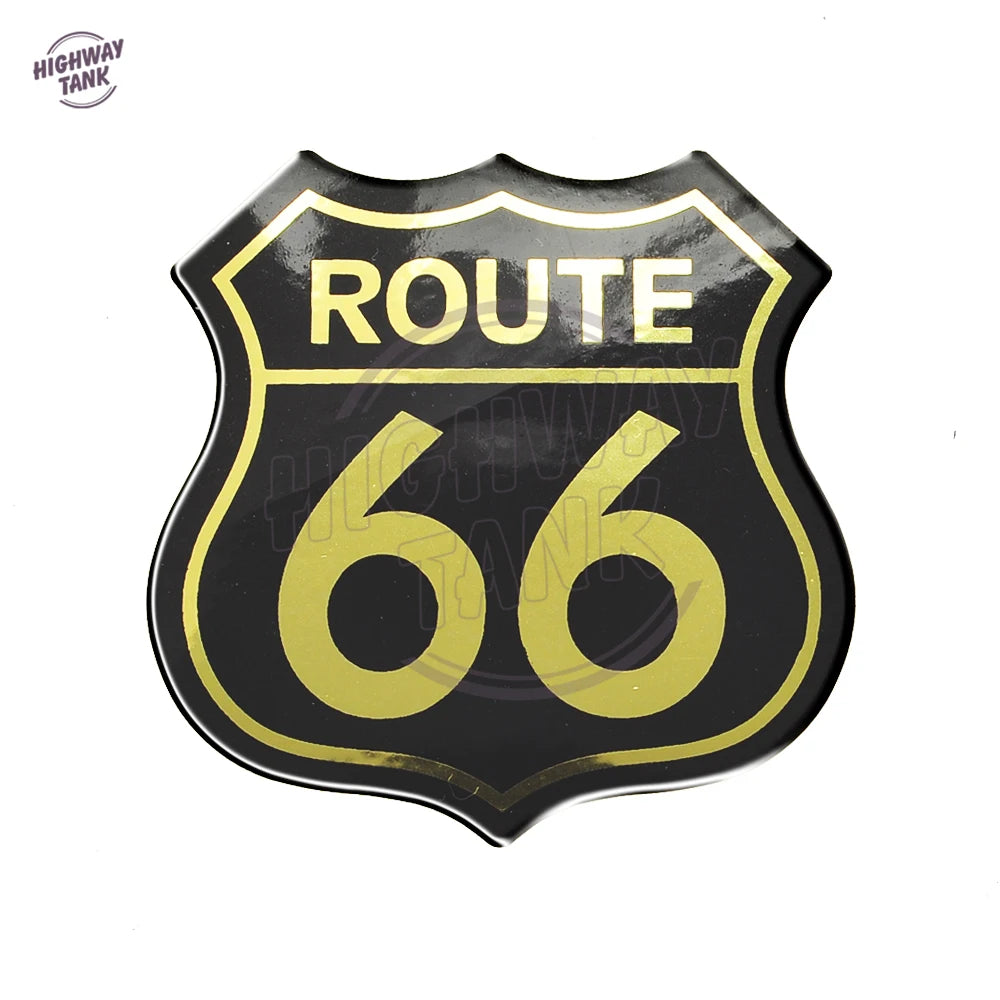 Autocollant 3D Route 66 doré sur réservoir de moto - vue 4
