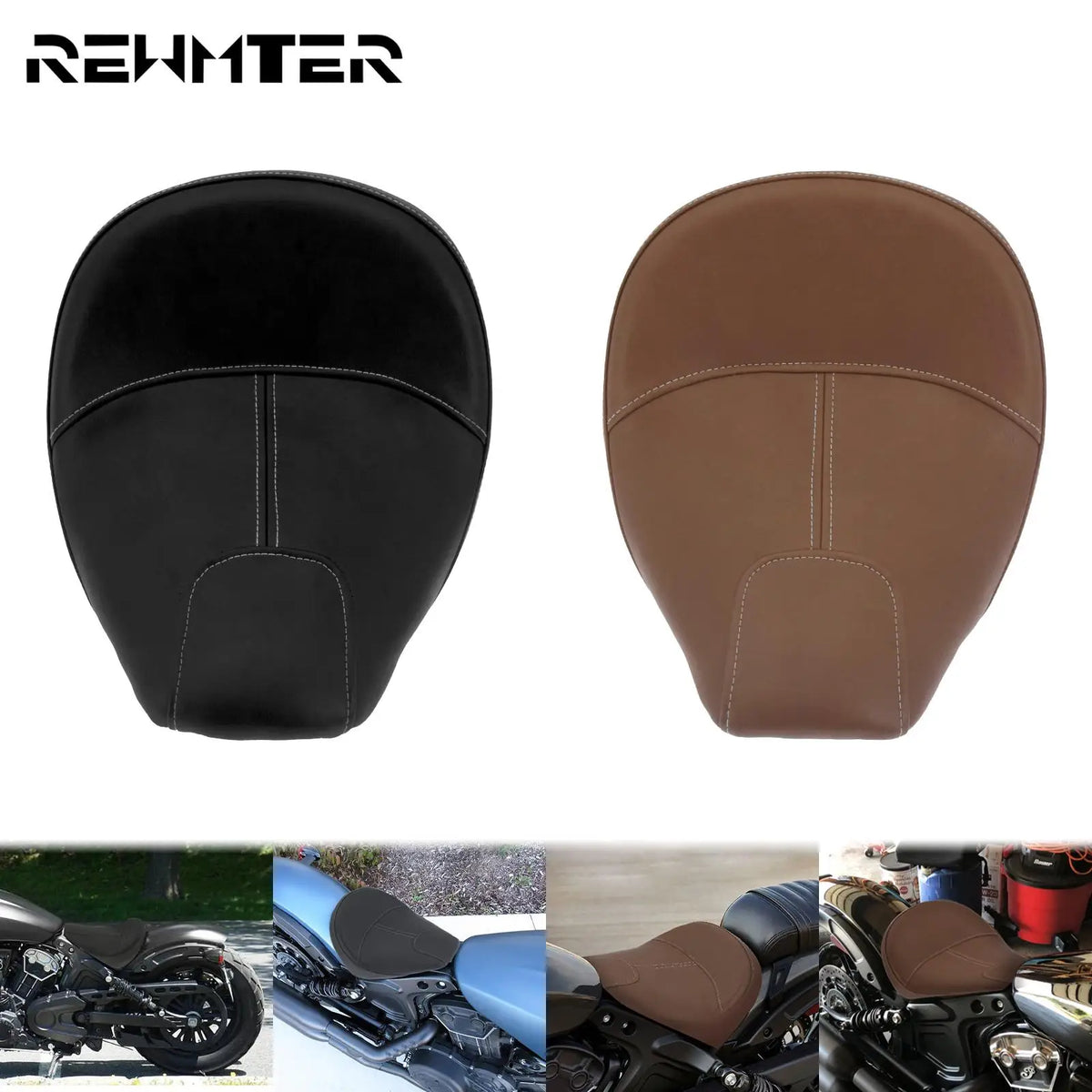 Selle solo en cuir noir montée sur une moto Indian Scout - vue 1