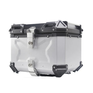 Top case moto en aluminium noir avec serrure, fixé sur un porte-bagages arrière - vue 2