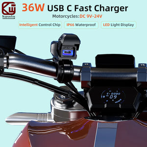 Chargeur rapide moto Kewig B10C PD3.0 USB-C 36W avec voltmètre et interrupteur, étanche - vue 1