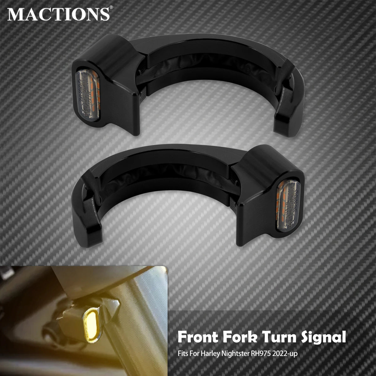 Feu LED ambre monté sur le cache de fourche d'une Harley Sportster Nightster - vue 1