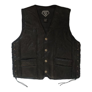 Gilet en cuir noir brodé sans manches, vue de face - vue 1