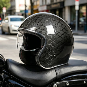 Casque moto rétro 3/4 noir avec écran intégré - vue de profil - vue 1