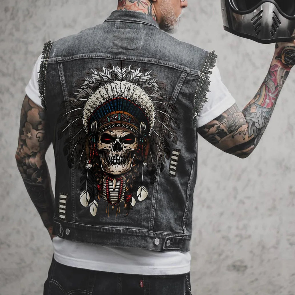 Gilet en jean homme imprimé aigle sans manches, vue de face - vue 14