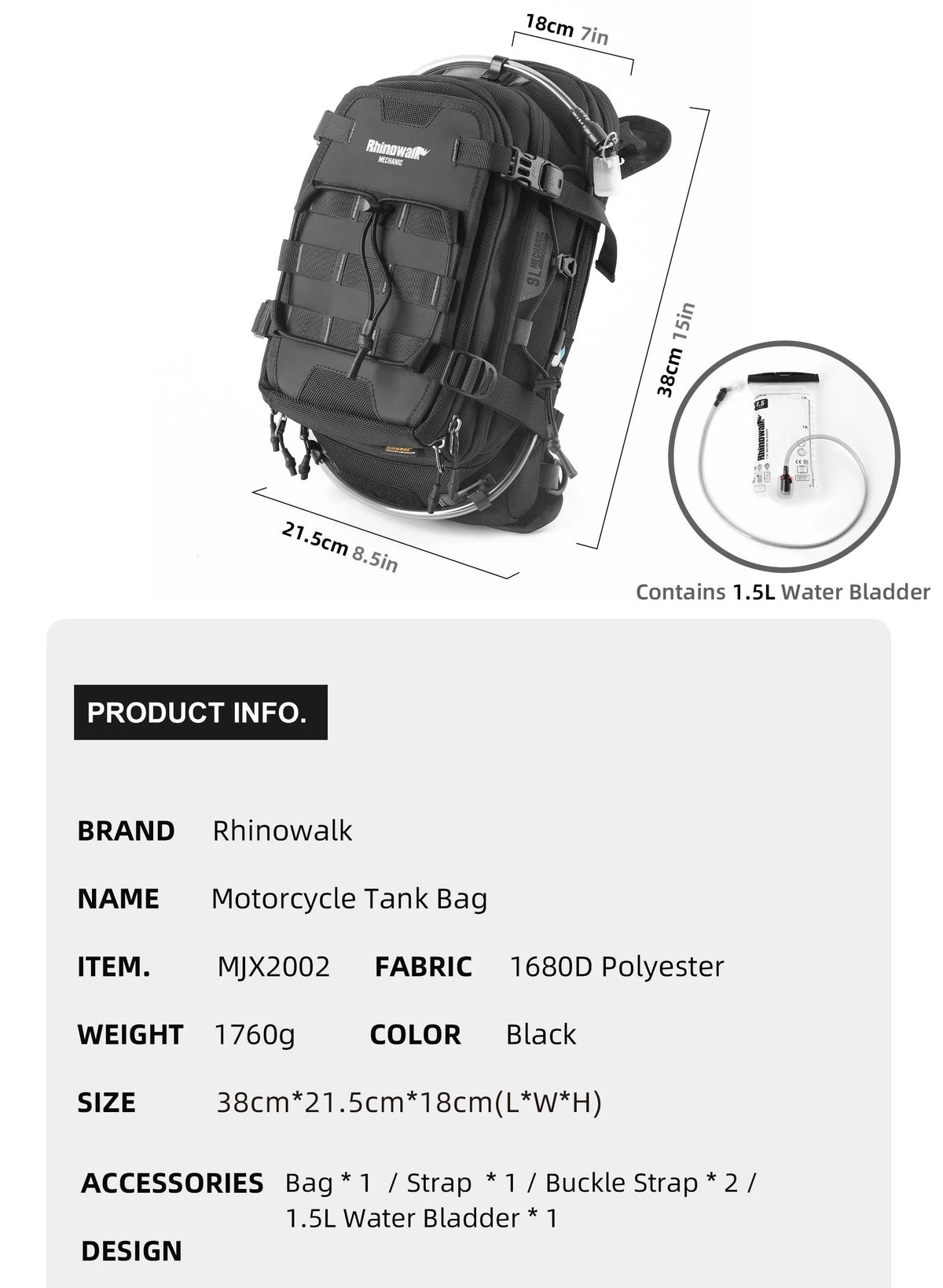 Sac de réservoir moto Rhinowalk convertible en sac à dos avec système MOLLE - vue 7
