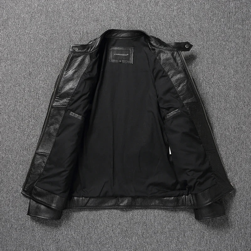Blouson moto cuir véritable col montant - vue - vue 4