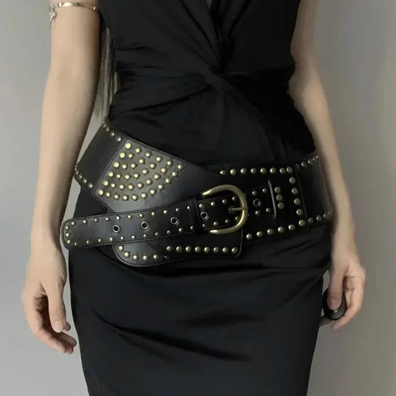 Ceinture large marron à rivets style western punk - vue 2