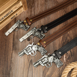 Ceinture homme en similicuir avec grande boucle tête de mort et revolver - vue 1
