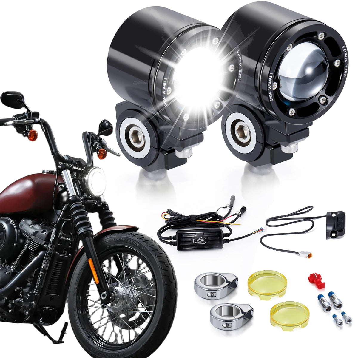 Feux additionnels LED 72W pour fourche 39/41/49mm - Phares antibrouillard étanches Harley-Davidson – photo 1/11