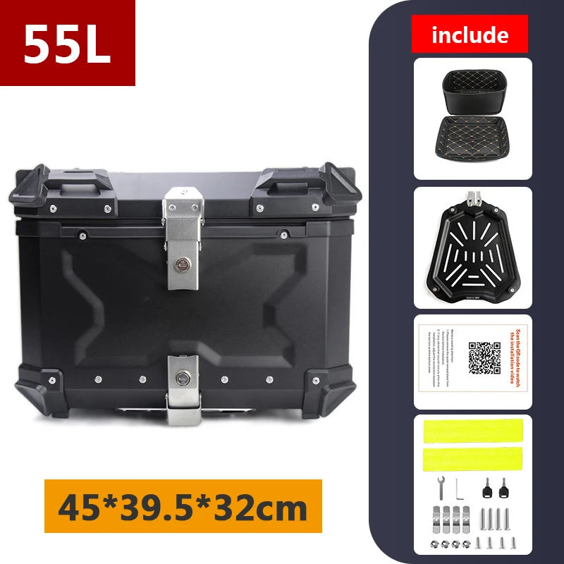 Top case moto en aluminium noir avec serrure, fixé sur un porte-bagages arrière - vue 14