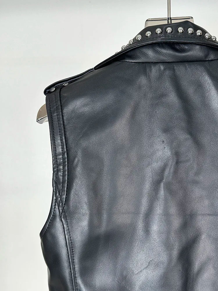 Gilet en cuir noir clouté style motarde - vue 4