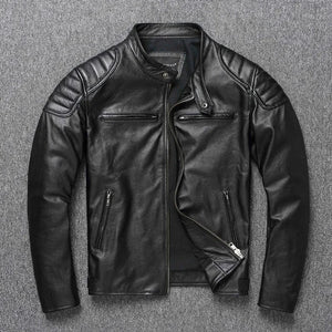 Blouson moto cuir véritable col montant - vue - vue 1