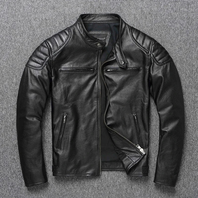 Blouson moto cuir véritable col montant - vue - vue 1