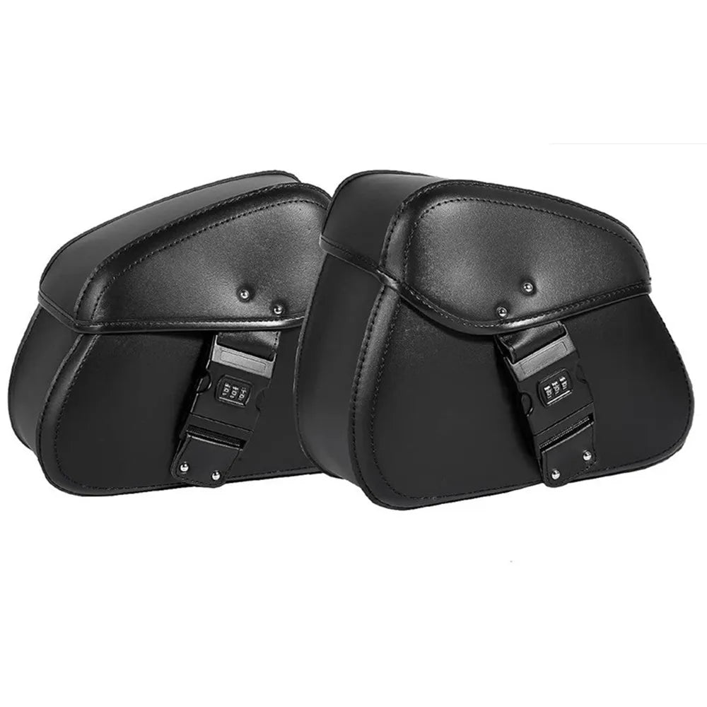 Sacoche latérale noire en simili-cuir avec serrure à code, fixée sur une moto - vue 7