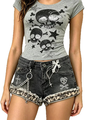 Short en jean gris vintage patchwork - vue 1