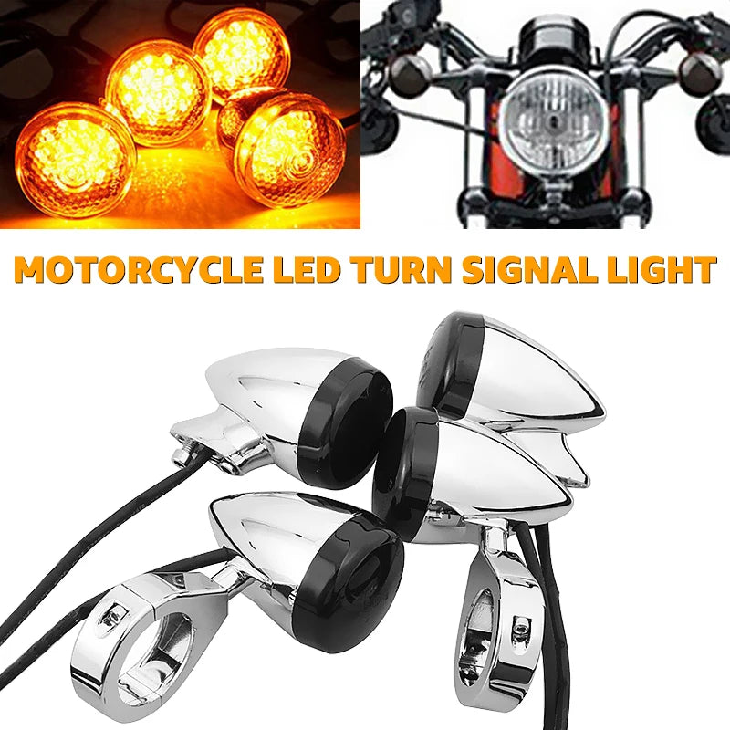 Clignotant LED ambre fixé par collier sur un tube de fourche de moto - vue 1