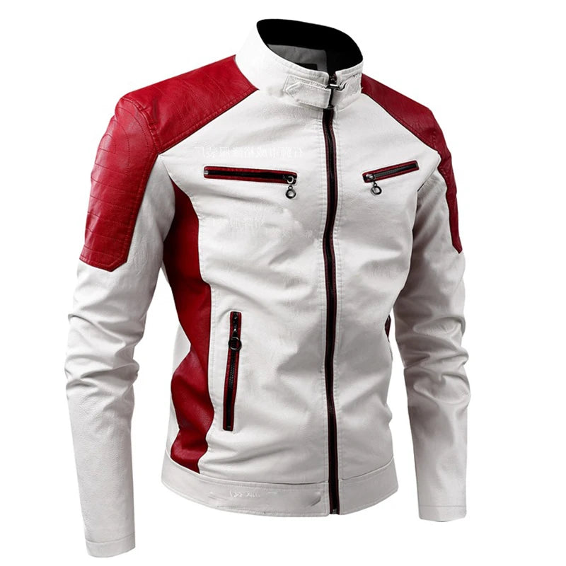 Blouson Moto Homme Patchwork Simili Cuir, Col Montant Bicolore - vue 1