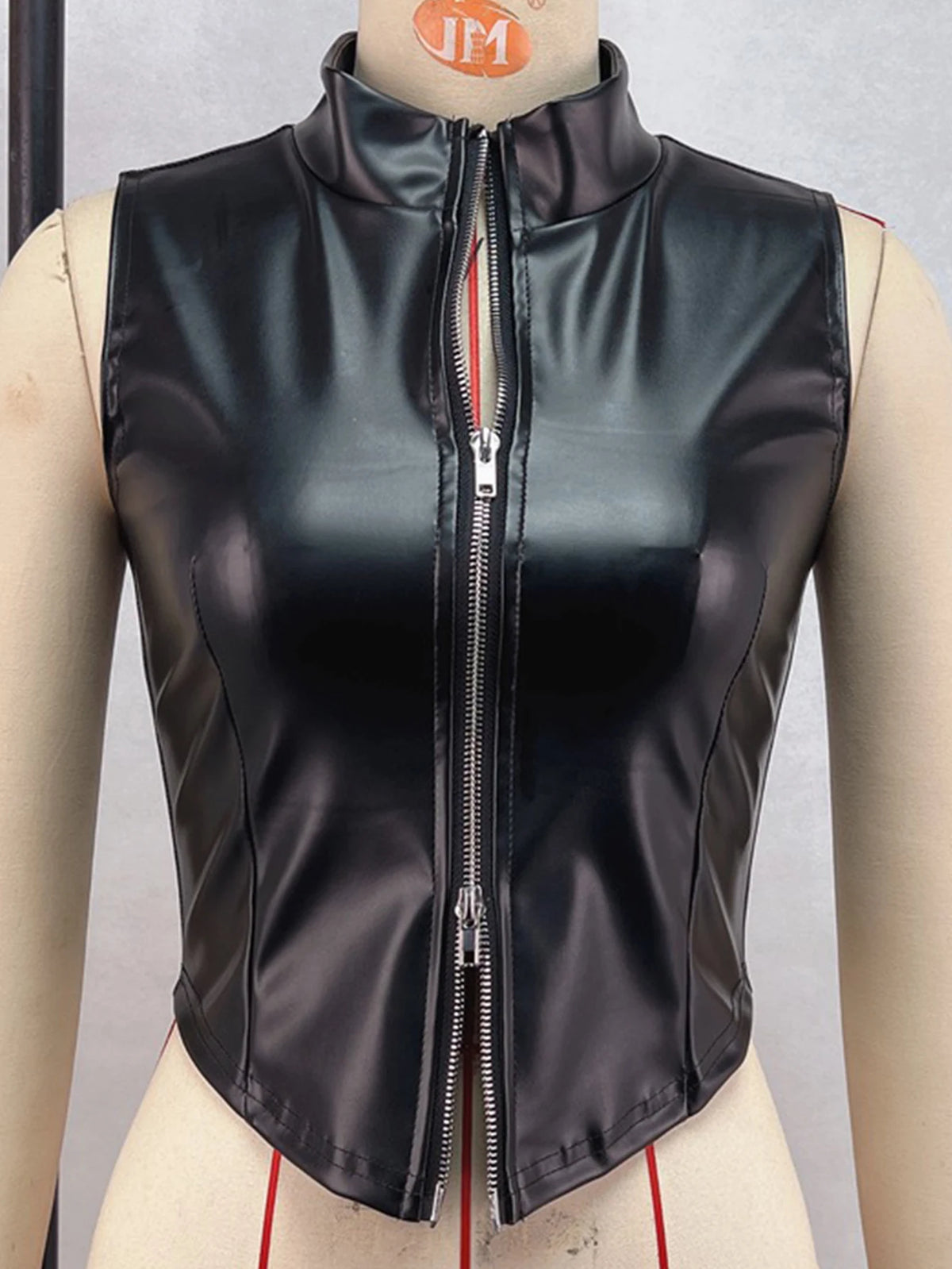 Crop Top Simili Cuir Noir à Zip, Style Gothique Streetwear - vue 3
