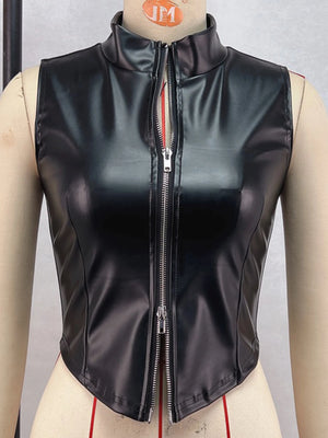 Crop Top Simili Cuir Noir à Zip, Style Gothique Streetwear - vue 3