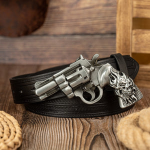Ceinture homme en similicuir avec grande boucle tête de mort et revolver - vue 4