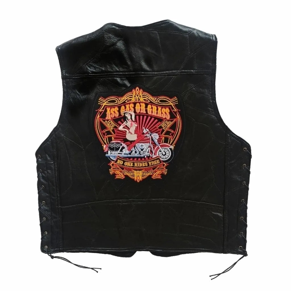 Gilet en cuir noir brodé sans manches, vue de face - vue 5