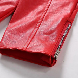 Veste biker homme en simili cuir rouge et noir, vue de face - vue 4
