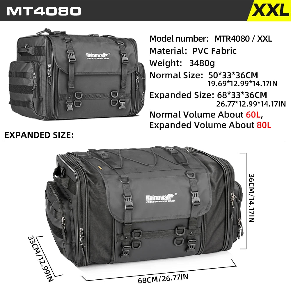 Sac de bagagerie moto Rhinowalk noir extensible, monté sur porte-bagages - vue 8