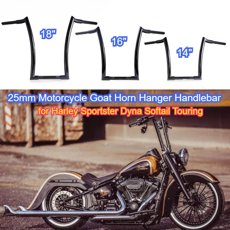 Guidon ape hanger goat horn pour Harley Sportster, Dyna, Softail et Touring - vue 1