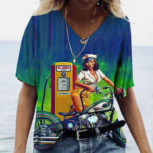 T-shirt Femme Col V Motif Route 66, Manches Courtes Oversize - vue 6